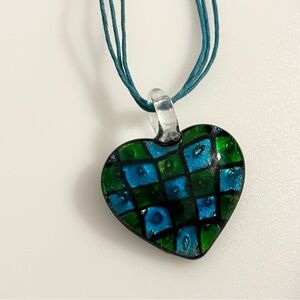 Vintage Art Glass Blue Plaid Patchwork Pendant Necklace